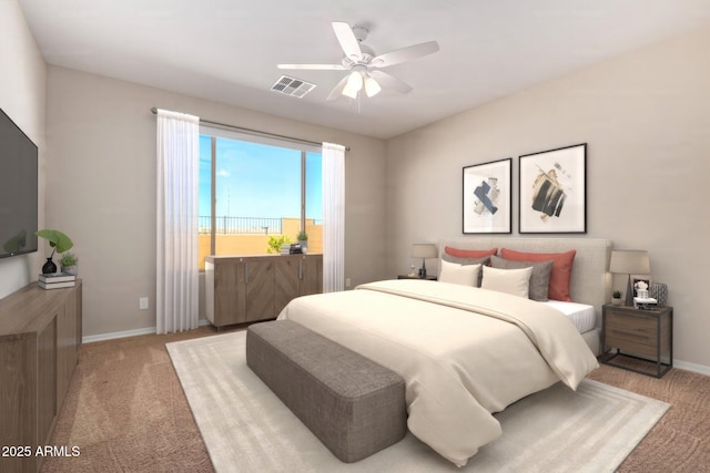 bedroom with light carpet, a ceiling fan, visible vents, and baseboards