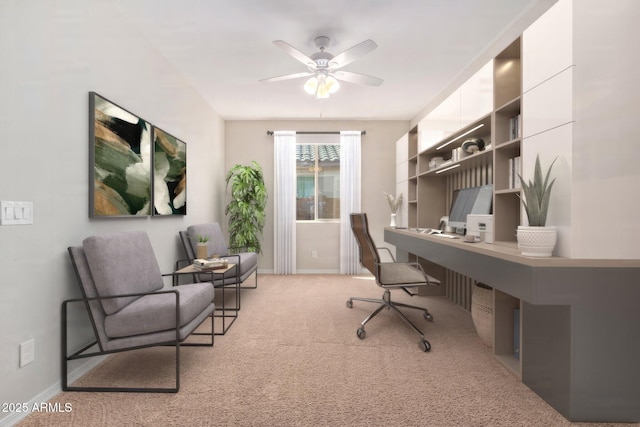 office space with ceiling fan, carpet, and baseboards