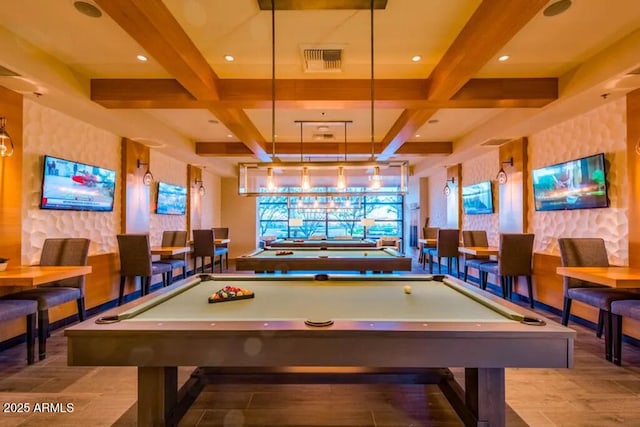10350 E Texas Ave, Mesa, AZ 85212 - game room with coffered ceiling, beamed ceiling, pool table, wood finished floors, and recessed lighting