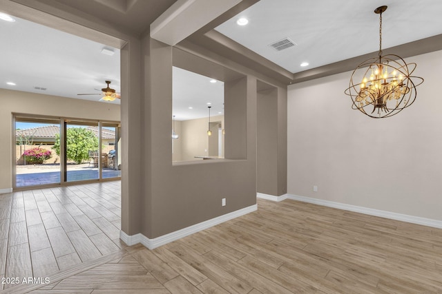 10350 E Texas Ave, Mesa, AZ 85212 - empty room with light wood-style floors, baseboards, ceiling fan, a chandelier, and recessed lighting