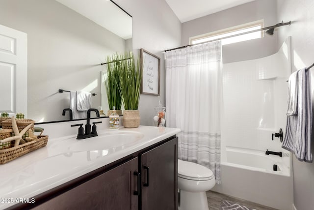 full bathroom with shower / bath combination with curtain, vanity, toilet, and hardwood / wood-style flooring