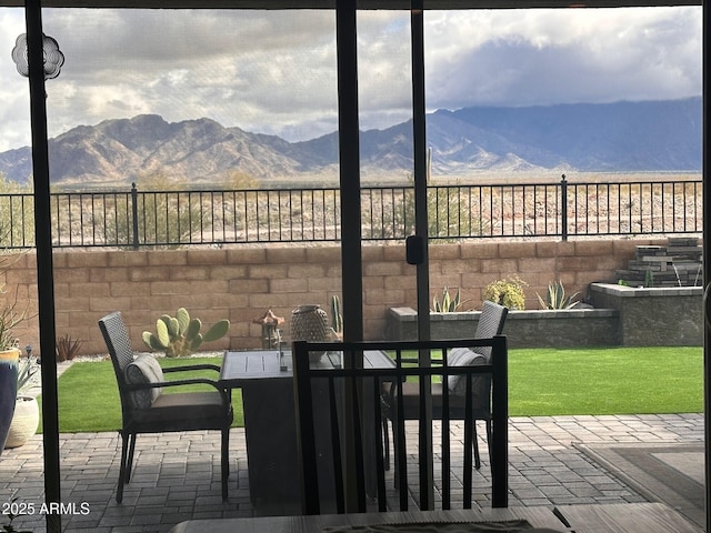 view of patio with a mountain view