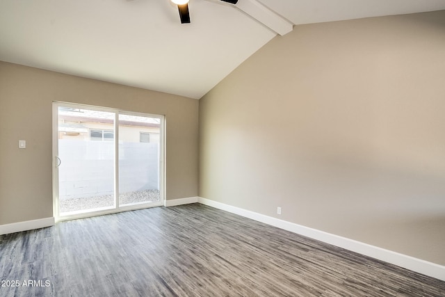 empty room with dark wood-style floors, baseboards, and ceiling fan