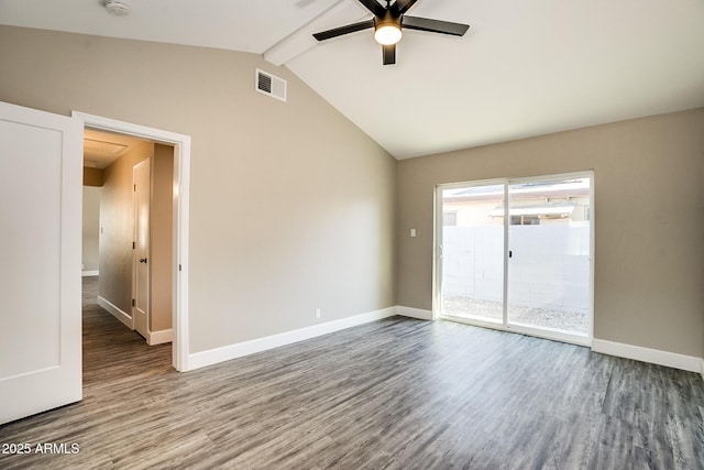 empty room featuring ceiling fan, wood finished floors, and baseboards