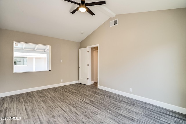 unfurnished room featuring wood finished floors, ceiling fan, beamed ceiling, baseboards, and high vaulted ceiling