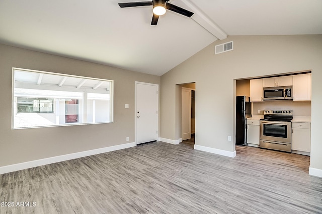 unfurnished living room featuring beamed ceiling, light wood-type flooring, a ceiling fan, baseboards, and high vaulted ceiling