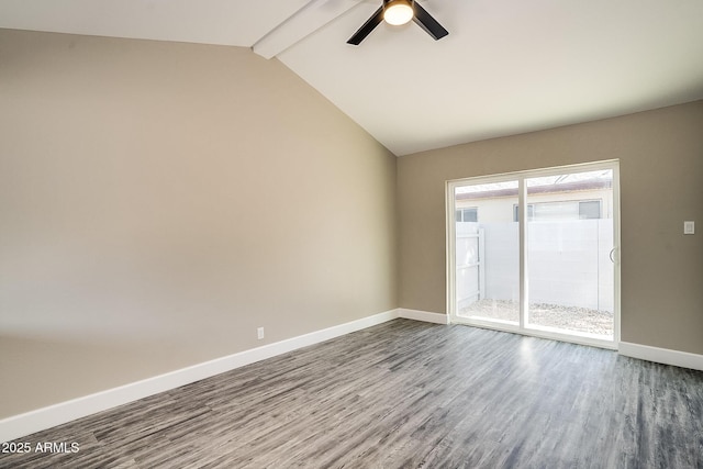 empty room with dark wood-style flooring, baseboards, and ceiling fan