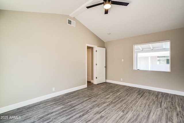 unfurnished room with wood finished floors, beam ceiling, a ceiling fan, baseboards, and high vaulted ceiling