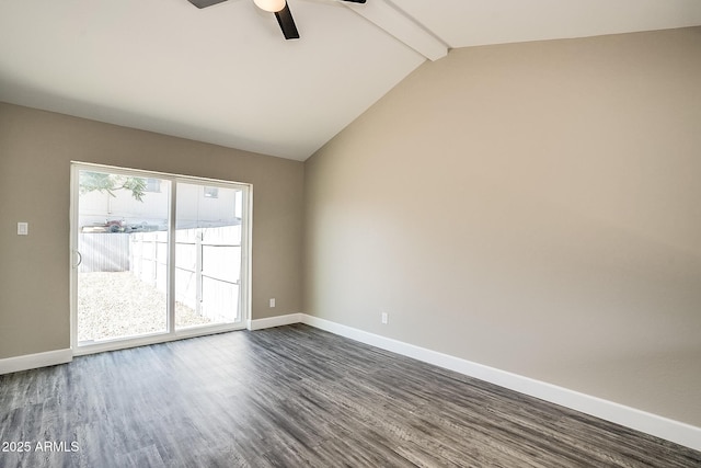 unfurnished room featuring dark wood-style floors, baseboards, and ceiling fan