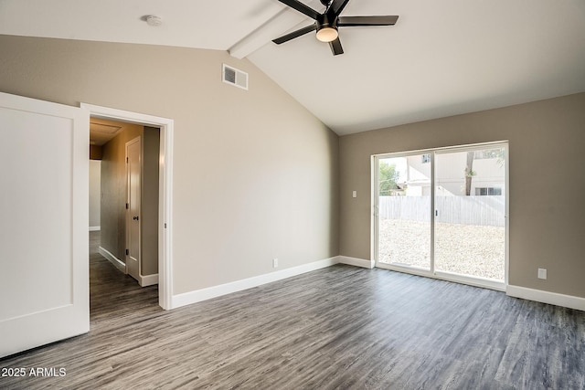 unfurnished room with ceiling fan, wood finished floors, and baseboards