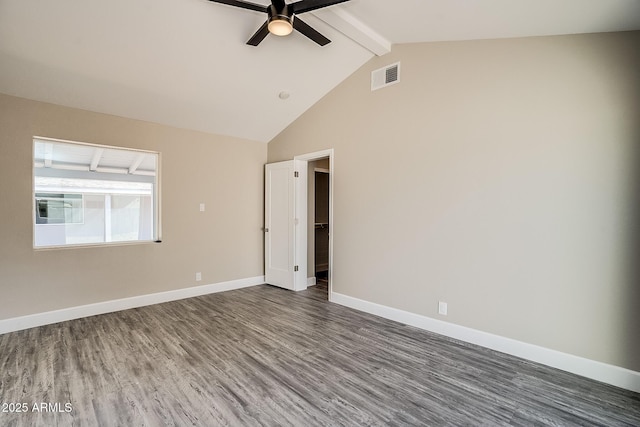 unfurnished room featuring dark wood-type flooring, beamed ceiling, a ceiling fan, baseboards, and high vaulted ceiling