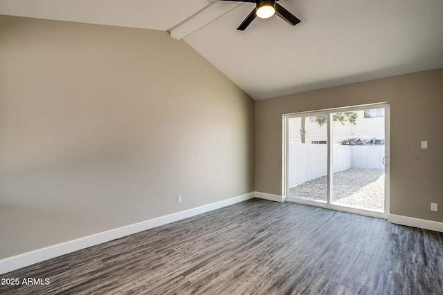spare room featuring dark wood-type flooring, baseboards, and a ceiling fan