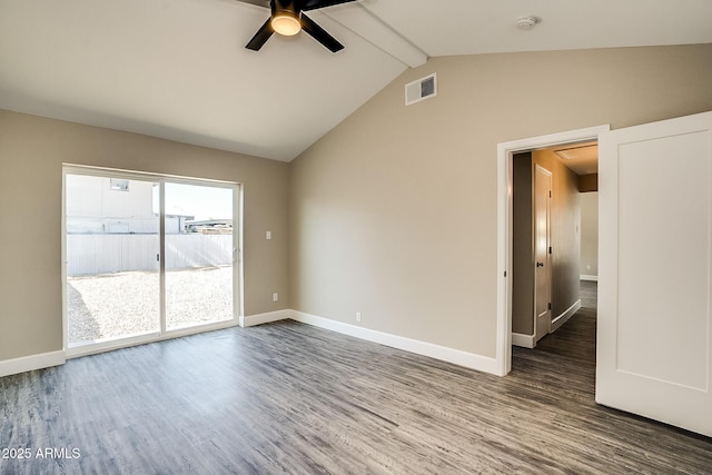 empty room featuring wood finished floors, ceiling fan, baseboards, and a smoke detector