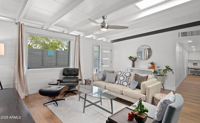 5809 N 10th Pl, Phoenix, AZ 85014 - living area featuring light wood-style floors, beam ceiling, a ceiling fan, and visible vents