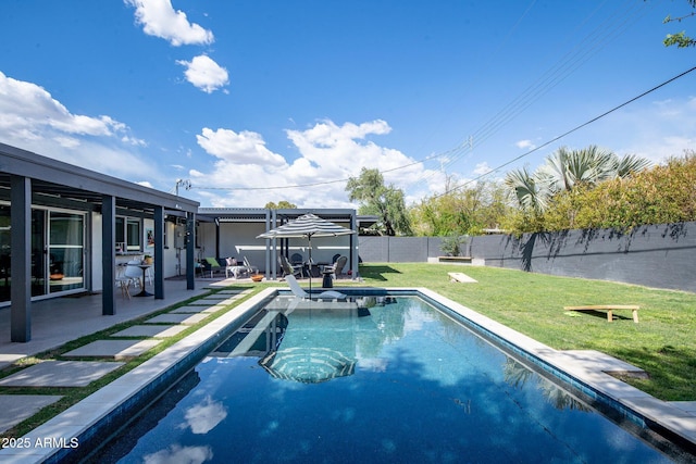 5809 N 10th Pl, Phoenix, AZ 85014 - view of pool with a fenced backyard, a fenced in pool, a patio, and a lawn