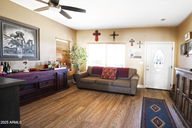 living room with ceiling fan and hardwood / wood-style floors