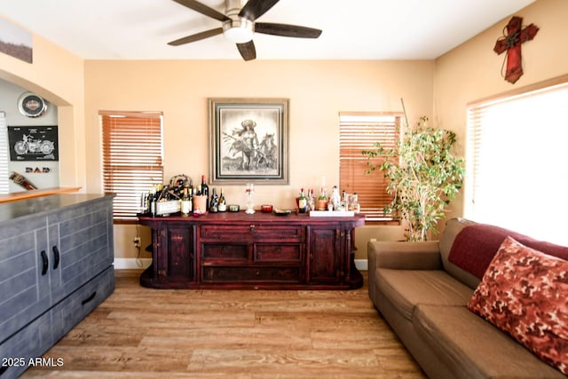 living room featuring ceiling fan and light wood-type flooring