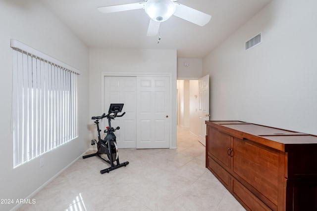 exercise area with ceiling fan