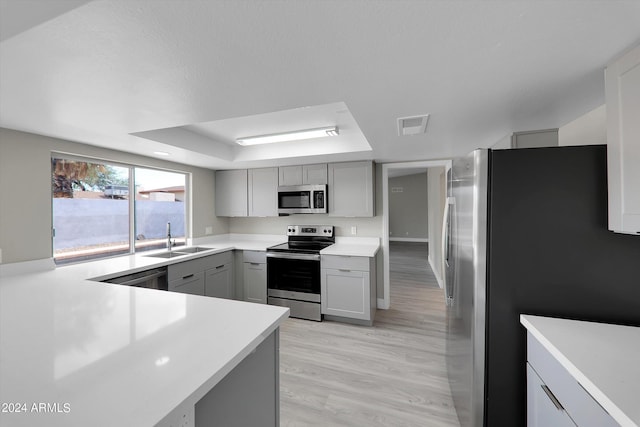 kitchen featuring gray cabinets, appliances with stainless steel finishes, sink, light hardwood / wood-style floors, and a tray ceiling