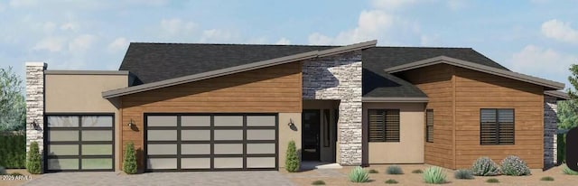 3757 Blazing Ore Trl, Prescott, AZ 86301 - contemporary house with decorative driveway, a garage, stone siding, and a shingled roof