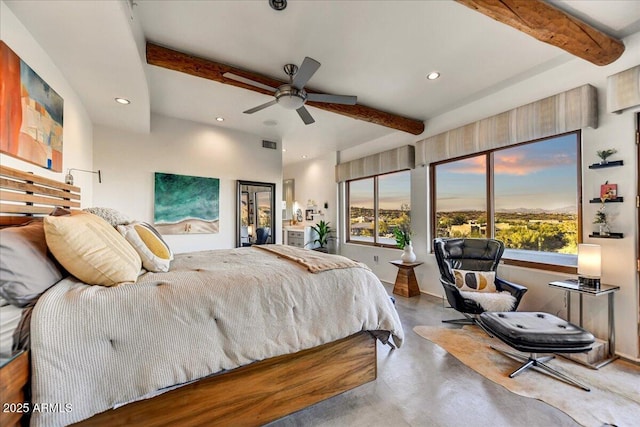 bedroom with finished concrete floors, multiple windows, and beamed ceiling