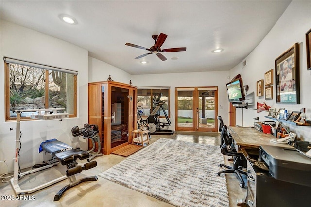 home office featuring french doors, a ceiling fan, visible vents, and recessed lighting