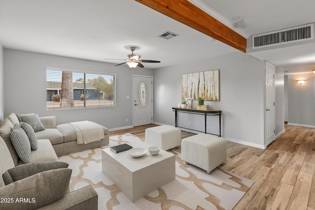 living room featuring beamed ceiling, light hardwood / wood-style floors, and ceiling fan