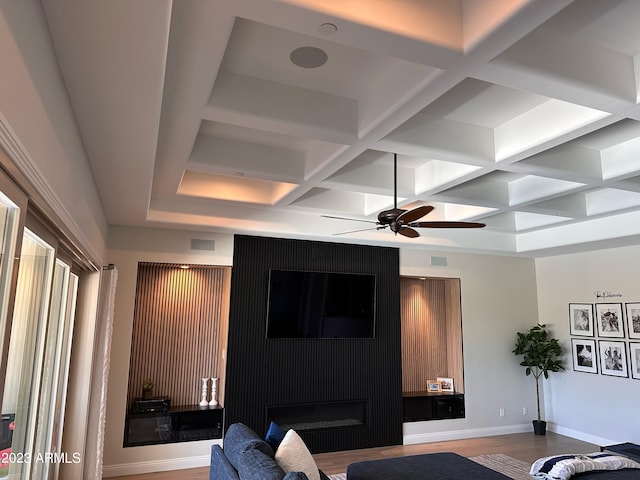 living room featuring beam ceiling, ceiling fan, coffered ceiling, a fireplace, and hardwood / wood-style flooring