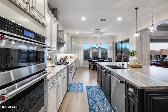 kitchen featuring appliances with stainless steel finishes, a wealth of natural light, a large island with sink, and sink