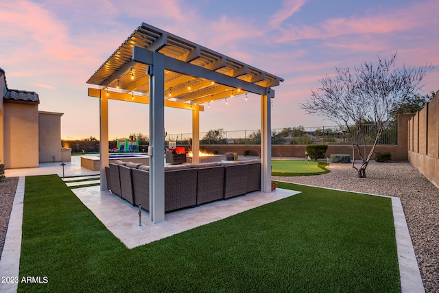 exterior space featuring an outdoor living space, a pergola, and a patio area