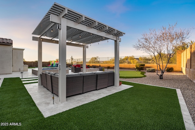 yard at dusk featuring a pergola, a patio, and an outdoor hangout area