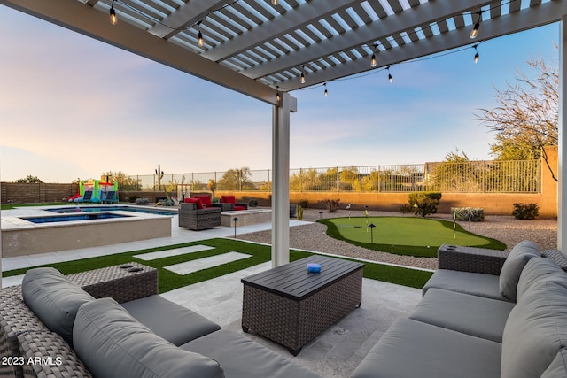 patio terrace at dusk featuring an outdoor living space, a fenced in pool, and a pergola