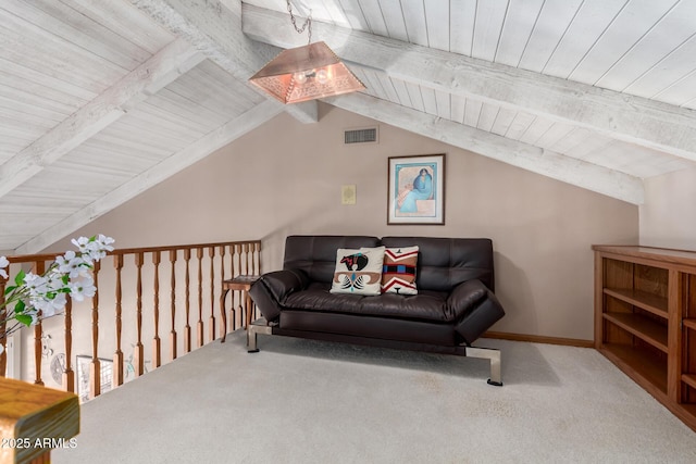 sitting room featuring visible vents, baseboards, lofted ceiling with beams, wood ceiling, and carpet flooring