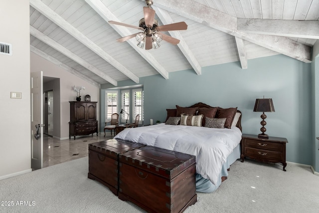 bedroom with carpet flooring, ceiling fan, vaulted ceiling with beams, and baseboards