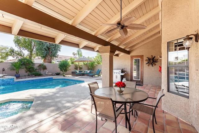 view of pool featuring a fenced in pool, a hot tub, a fenced backyard, outdoor dining space, and a patio