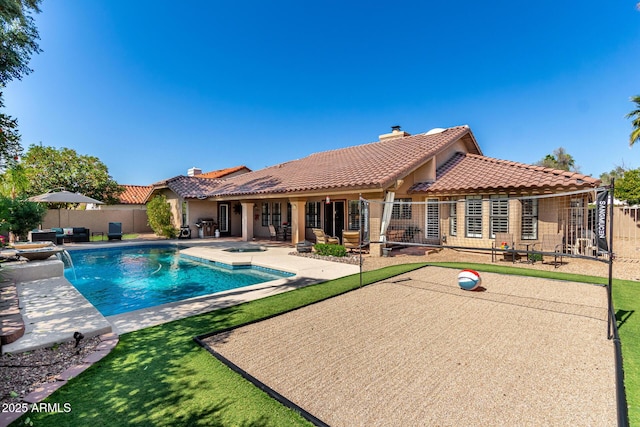 view of pool featuring a patio, fence, and a fenced in pool