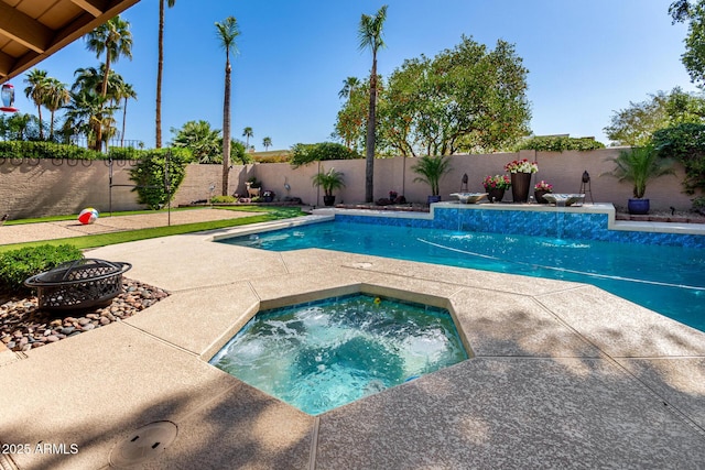 view of swimming pool featuring a patio, a fenced backyard, an outdoor fire pit, a fenced in pool, and an in ground hot tub