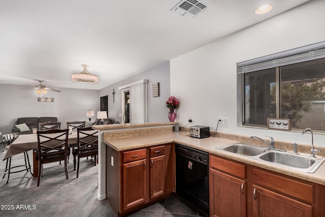 kitchen featuring black dishwasher, visible vents, open floor plan, a sink, and a peninsula