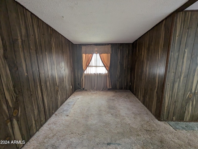 empty room with carpet, wooden walls, and a textured ceiling