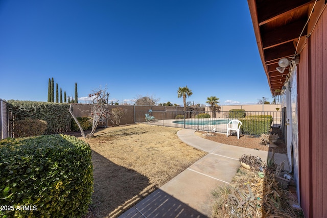 view of yard featuring a patio, a fenced backyard, and a fenced in pool