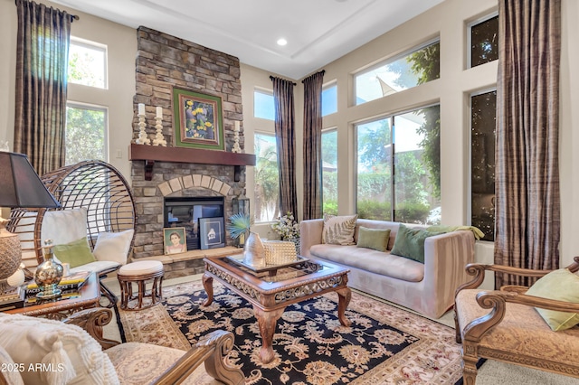 2383 E Zion Way, Chandler, AZ 85249 - living room featuring a high ceiling and a fireplace