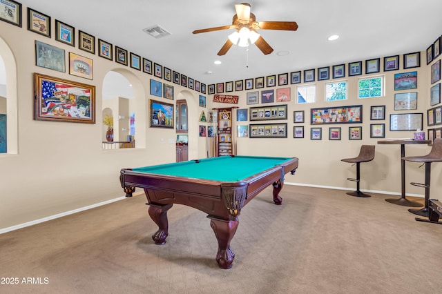 2383 E Zion Way, Chandler, AZ 85249 - game room with arched walkways, billiards, a ceiling fan, carpet floors, and recessed lighting