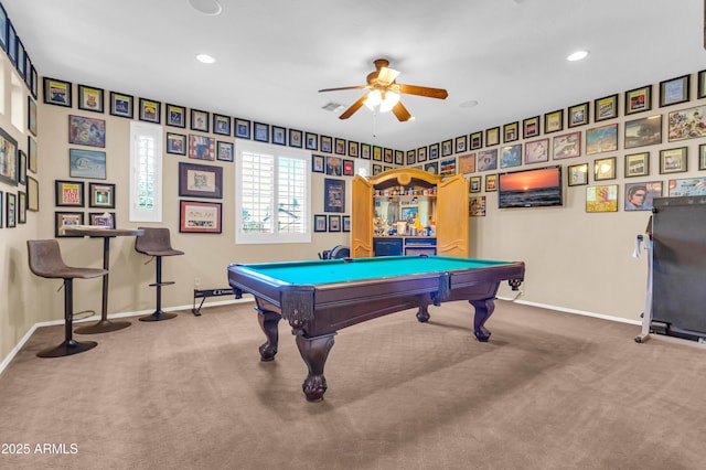 2383 E Zion Way, Chandler, AZ 85249 - playroom featuring a ceiling fan, carpet flooring, pool table, and recessed lighting