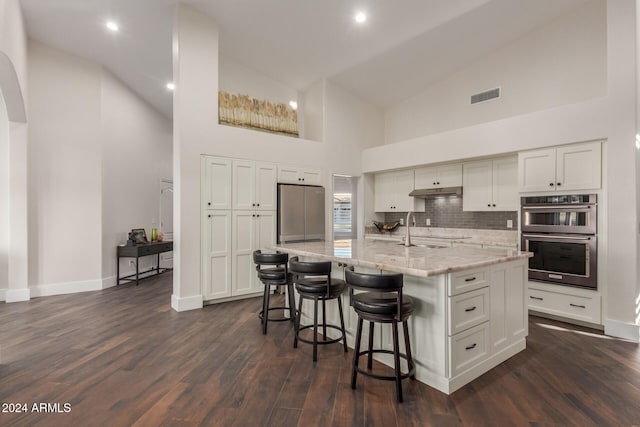 kitchen with sink, appliances with stainless steel finishes, dark hardwood / wood-style flooring, and an island with sink