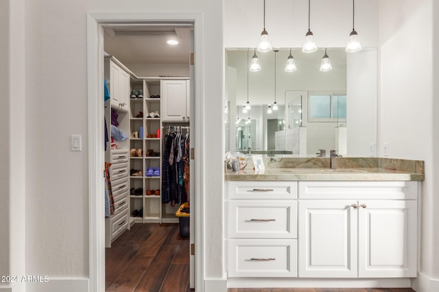 bathroom featuring hardwood / wood-style floors and vanity