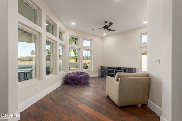 living room with a wealth of natural light, ceiling fan, and dark wood-type flooring