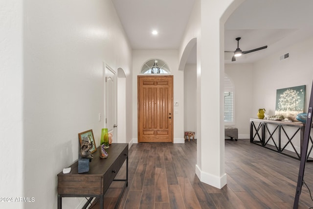 foyer featuring dark hardwood / wood-style flooring and ceiling fan