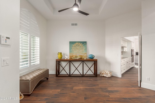 hallway with a raised ceiling and dark hardwood / wood-style floors