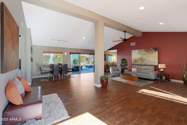 living room with dark hardwood / wood-style floors, ceiling fan, and lofted ceiling