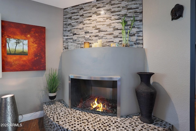 room details with a multi sided fireplace and wood-type flooring